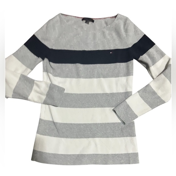 Tommy Hilfiger sweater, wide stripes. Semi boatneck neck, Sz small - Picture 3 of 6
